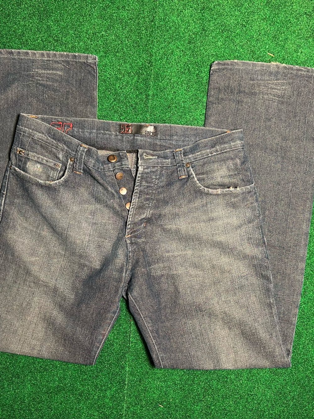 Made in USA JOE’S Distressed wool jeans with four button front and embroidery